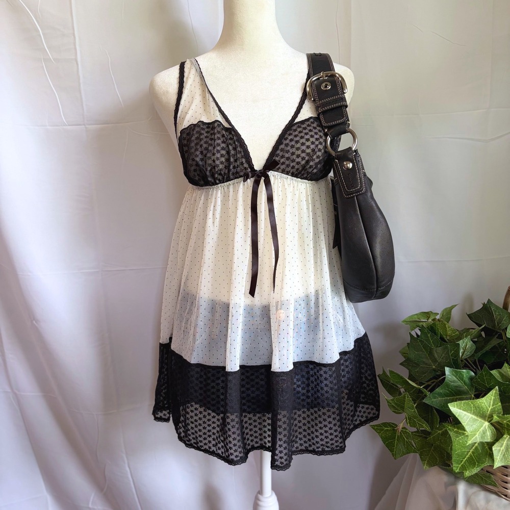 Victoria's Secret Sexy Little Things Babydoll Chemise Polka Dot Lace Black White